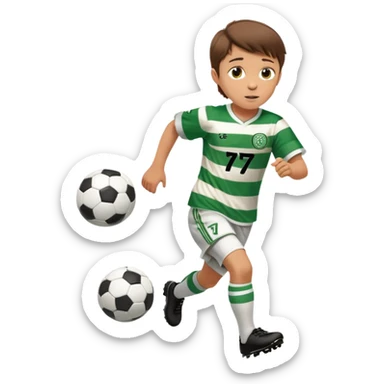 Celtic footballer jersey logo  6 years old brown hair white boy , stripes uniform , RUNNING  with soccer ball # 17 celtic football logo PUT ONLY ONE LOGO sticker