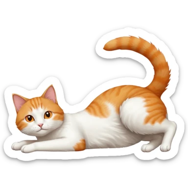 ginger and white cat with orange eyes doing a big extremely long stretch reaching up into the air with arms and legs side by side together straight and overextended whilst lying on its side sticker