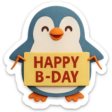 Make the penguin's face look happy and cheerful, keeping the paper-craft style and color palette. Keep the 'Happy B-Day' banner sticker