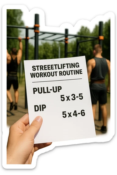 a close-up of a hand holding a printed streetlifting workout routine, with the exercises and sets written in bold text. In the background, an outdoor gym with pull-up bars, dip stations, and athletes wearing weighted belts. The lighting is natural, and the mood is motivational. sticker
