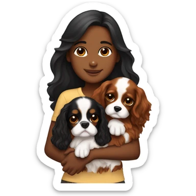 cute girl hugging two black and brown cavalier king charles spaniel  sticker