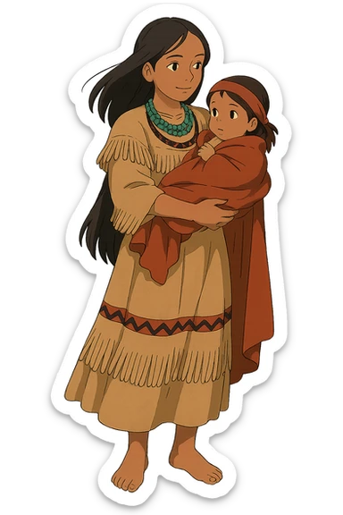 The Full body of A native American woman from the 1830s holding her child  sticker