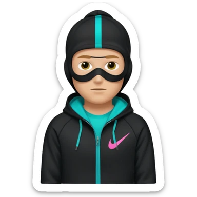 white guy with a black nike ski mask wearing a black zip up with teal, pink, and yellow stripes on it  sticker