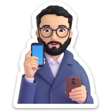professional man with medium black beard, neat black hair, connected unibrow, olive tan skin, brown eyes, glasses, prominent nose, wearing a black coat, holding a smartphone sticker