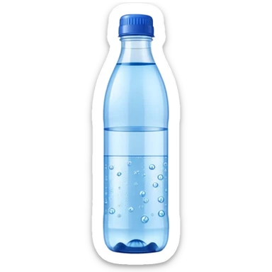 slim transparent plastic bottle of sparkling water with blue plastic cap, small bubbles, minimal blank label, clear fizzy water, soft reflections, simple refined design, 3D rendered, soft lighting, emoji scale sticker