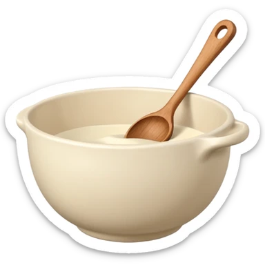 a cream ceramic mixing bowl with a wooden spoon stirring sticker