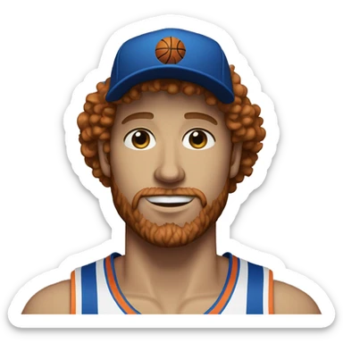 35 year old, male, short curly red hair, pale complexion, beard, blue eyes, basketball hat sticker