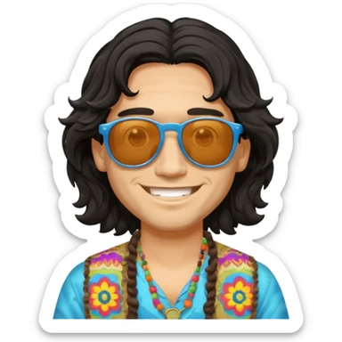 man in hippies clothes, wearing sunglasses, black wavy hair sticker