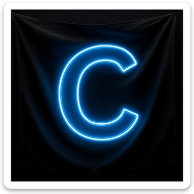Make the flag wave with a dark flag and electric blue neon glowing letter C. Keep the neon letter C glowing brightly. The style should emphasize the electric blue neon glow on the letter C and the waving motion of the dark flag, with a dark background enhancing the neon effect. sticker