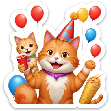 cat laughing with friends, surrounded by balloons and snacks, college party scene sticker