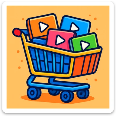 shopping cart with video player icons inside, vibrant toon style sticker