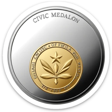 A silver coin type medallion with the words 'Civic Medallion' on it sticker