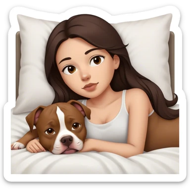 Girl long dark brown hair in layers cascading  down her face lays bed with her cell phone and her brown pit bull lays guarding her sticker