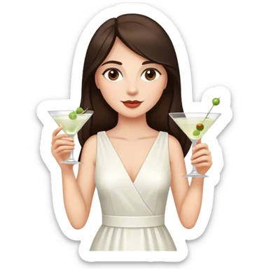 Beautiful woman in 1950’s woman fashion look, white dress, long dark brown hair, martini  sticker