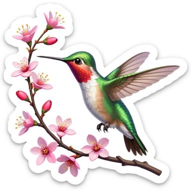 illustration, Whimsical Hummingbird still life. Vivid Whimsical color scheme, ultra detailed with cherry blossoms,, hyperrealistic. 8k, 5000x5000, clean, very thin lines, smooth appearance, 3D, no emoji icons or faces, full transparent background  sticker