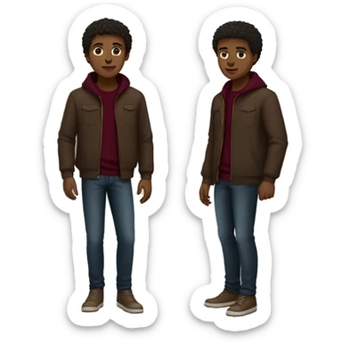 black boy, very short brown hair, brown eyes, full body, young, brown jacket with burgundy sweater sticker