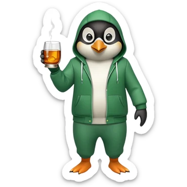 full body friendly anthropomorphised penguin wearing green mafia-style tracksuit, angry confident scheming stance, holding glass of whiskey sticker