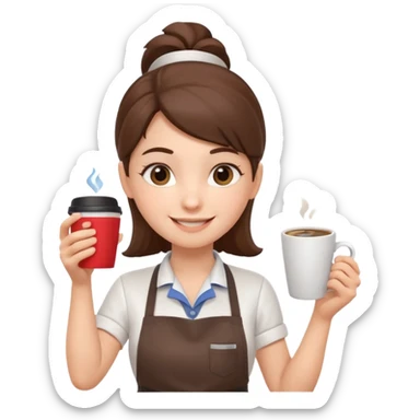 cute barista portrait, head and shoulders only, wearing apron, coffee shop uniform, friendly smile, holding a small coffee cup, 3D cartoon, mobile game icon style, clean background, no text, no watermark
 sticker