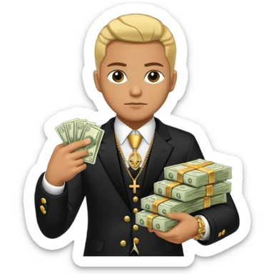 emoji with hand holding a stack of money and a pistol, elements inspired by Albanian mafia culture sticker