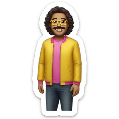 plus-sized man with dark hair,a vibrant long yellow jacket, pink glasses. Show full lenght peson sticker
