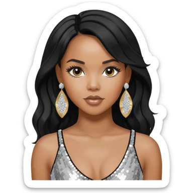LeToya Luckett with black long hair, silver sequin crop top, silver earring sticker