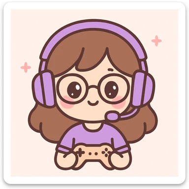 female brunette with glasses and a purple gaming headset, cute cartoon style sticker