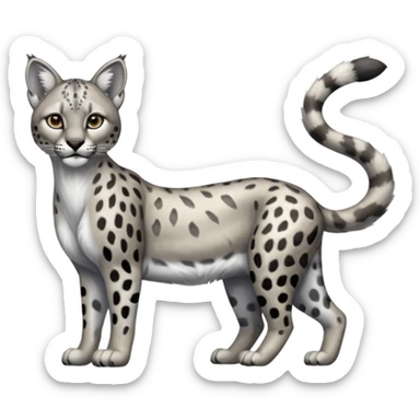 Realistic patterned marked edgy greyish blackish whitish silvery Shiny Colorful Glossy Cougar-Snow-Leopard-Caracal-Lioness-Bobcat-fusion-animal-hybrid-creature, full body, tufted ears, long thin tufted tail sticker