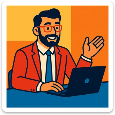 A 35-year-old male business coach sitting at a table with a laptop sticker