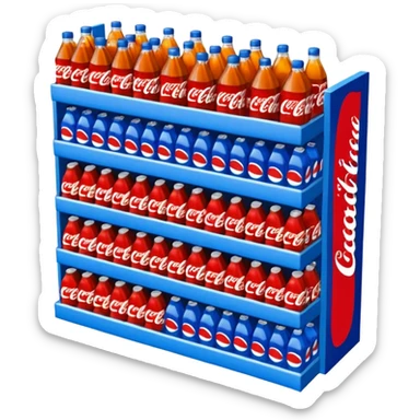 3D warehouse shelf with Coca-Cola, Pepsi, Fanta bottles and products, 
organized retail shelves, colorful product packages, store inventory, 
transparent background, emoji style, realistic, isometric view sticker