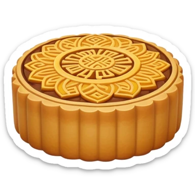 Mid-Autumn Festival mooncake with decorative pattern on top, simplified emoji style with bold outlines and bright colors, cartoon style round pastry with filling sticker