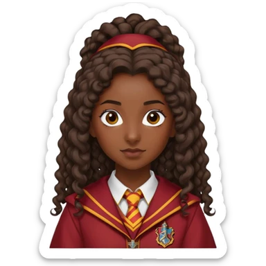 Alicia Spinnet in harry potter, wear hogwarts gryfindor uniform, long, dark, curly ponytail hair, dark skin sticker