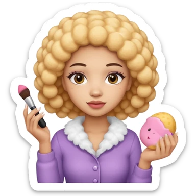Light skin female holding makeup fluffy sponge in left hand  sticker