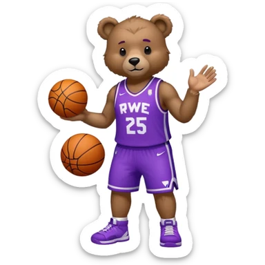 Bear with full body and wearing basketball white and purple jersey that says RWE  sticker
