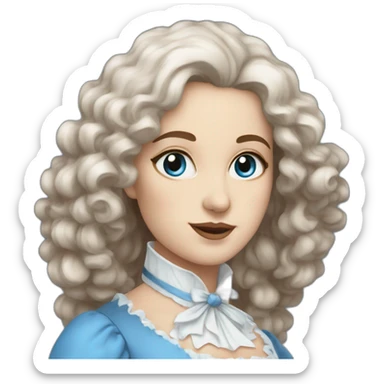 woman in 18th century, blue eyes, brown medium wavy hair, blue white costume sticker