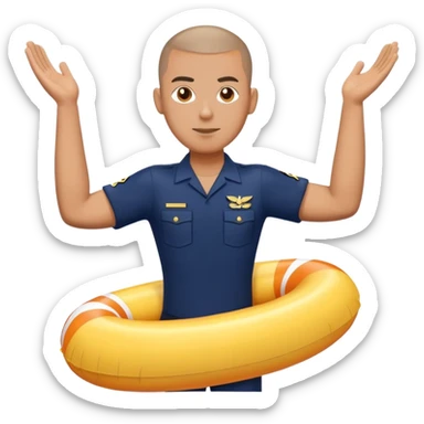 A man with a buzz cut and he is wearing pool floats on his arms and a navy uniform sticker