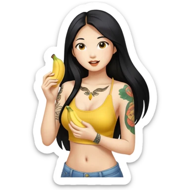 Beautiful Asian girl with long black hair and body tattoos eating a banana sfw sticker
