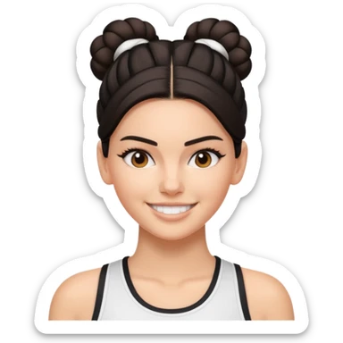 Kendall Jenner as an emoji, sporty style, hair in a bun, athletic wear, confident smile sticker