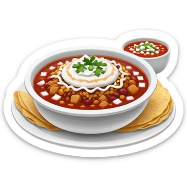 a hot bowl of pozole with a side of tostada with sour cream and red salsa sticker