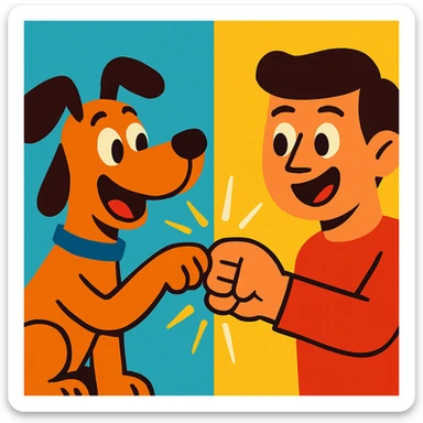 a cartoon dog and a cartoon human fist bumping, playful, vibrant colors sticker