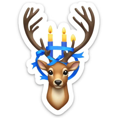 Deer with 4 antlers lit up like candle on each side with a blue ribbon around neck  sticker