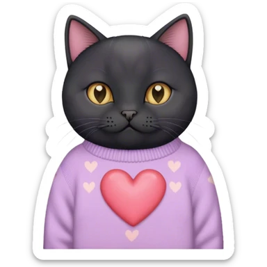 cute black british cat sitting 
 in a cute pastel sweater with hearts sticker