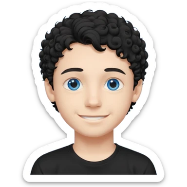 boy, young face like 20 years, blue eyes, medium curly hair black, easy smile, black t-shirt, purple background. sticker