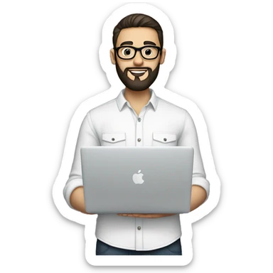 Emoji man with beard holding macbook in hands wearing glasses and shirt, profession - graphic designer. Features: white skin, full body type, dark hair, age 21 years, earring in left ear sticker