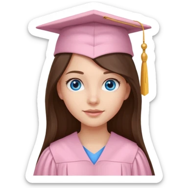 young brunette girl long hair, blue eyes and light pink gown and cap university graduate sticker