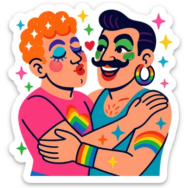 two men with exaggerated campy style, glitter, makeup, rainbow accessories, playful and loving sticker