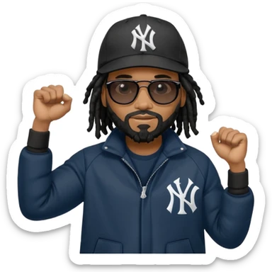 African American man with shoulder length black dreadlocks with black beard wearing black sunglasses wearing a New York Yankees logo baseball cap wearing a all dark black bubble winter coat flexing arm muscles sticker
