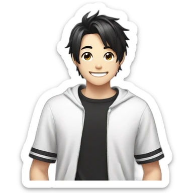 anime boy cartoon smiling with black haircut and black and white t shirt sticker