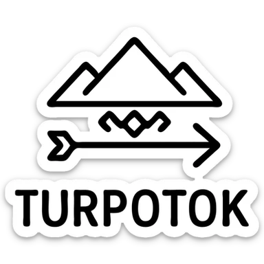 Simplified logo for Turpotok featuring a Kurai arrow and Ural Mountains, with clean lines and a modern sans-serif font. Minimal Bashkir ornamentation sticker