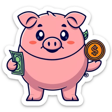 cute penny coin mascot with arms and legs, holding a piggy bank, financial advisor character sticker