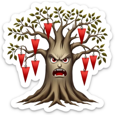 roots with red flags on the tips, tree, angry faces hanging on the tips of the tree branches sticker